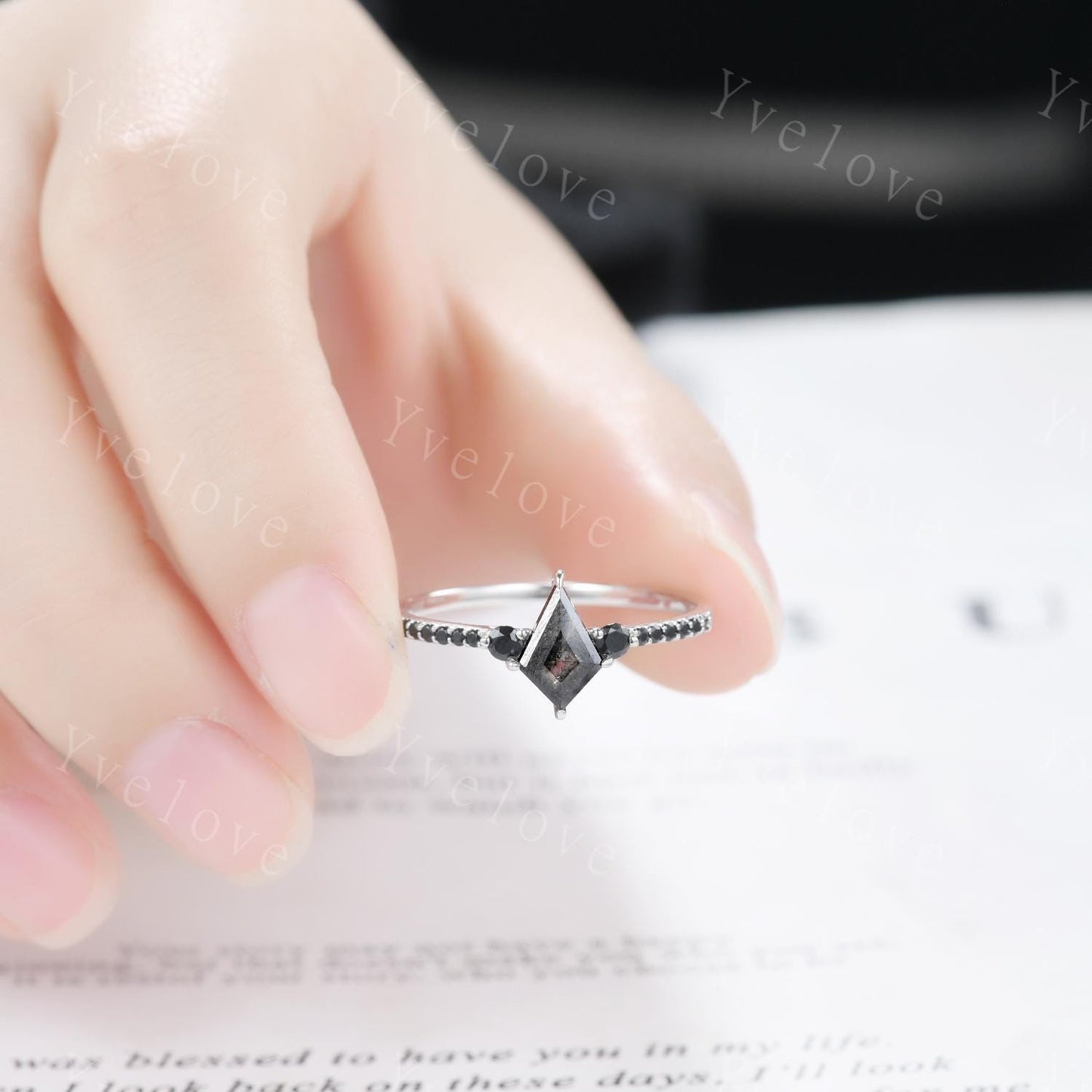 Dainty Kite Cut Salt and Pepper Diamond Engagement Ring Antique 14k White Gold Ring Black Spinel Gems Bridal Ring Promise Ring Handmade Gift