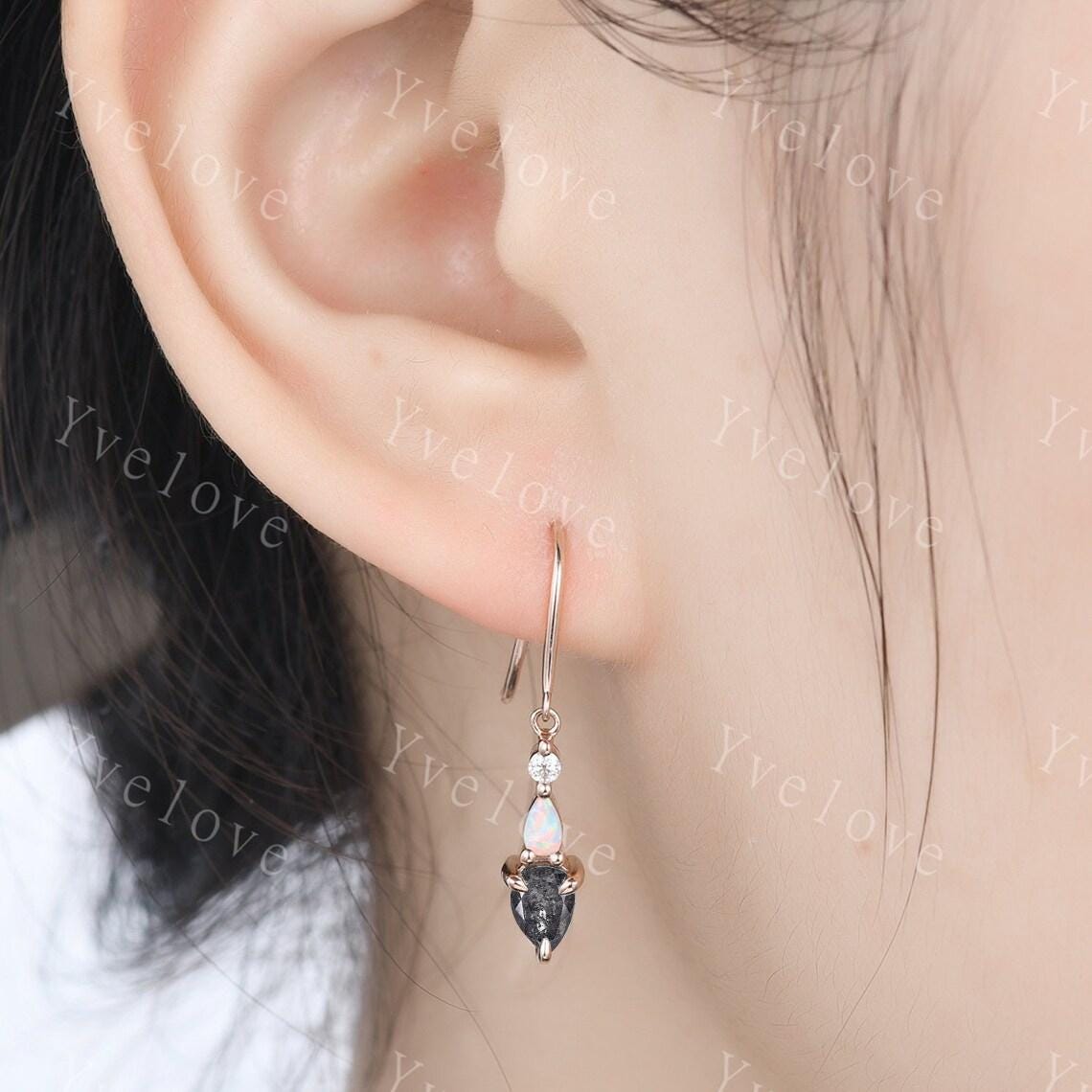 Unique Salt and Pepper Diamond Opal Earrings,Pear Cut Gems,Art Deco Diamond Delicate Dainty Earrings,3 Stone Minimalist Women Gift for Her