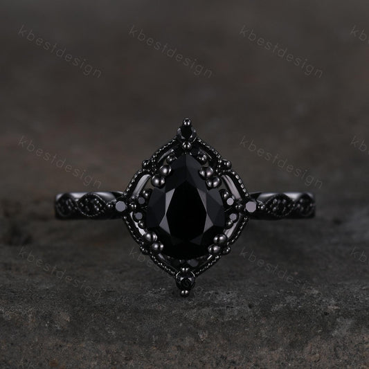 Vintage black onyx engagement ring art deco black gold ring pear shaped black gemstone ring unique black spinel ring Promise ring