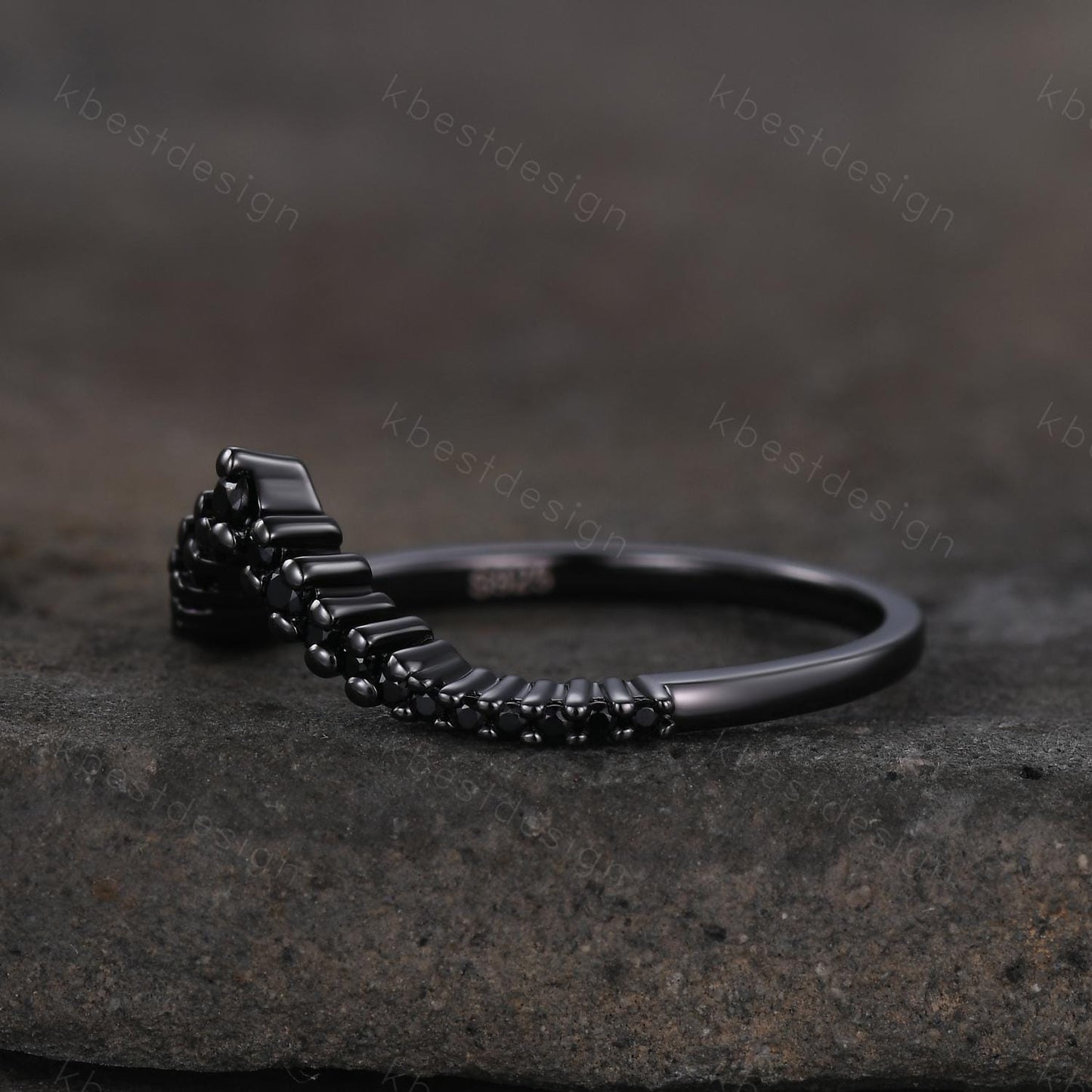 Unique curved black spinel wedding band dainty black gold band for women half eternity stacking matching band bridal anniversary band gift