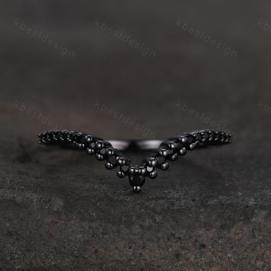 Unique curved black spinel wedding band dainty black gold band for women half eternity stacking matching band bridal anniversary band gift