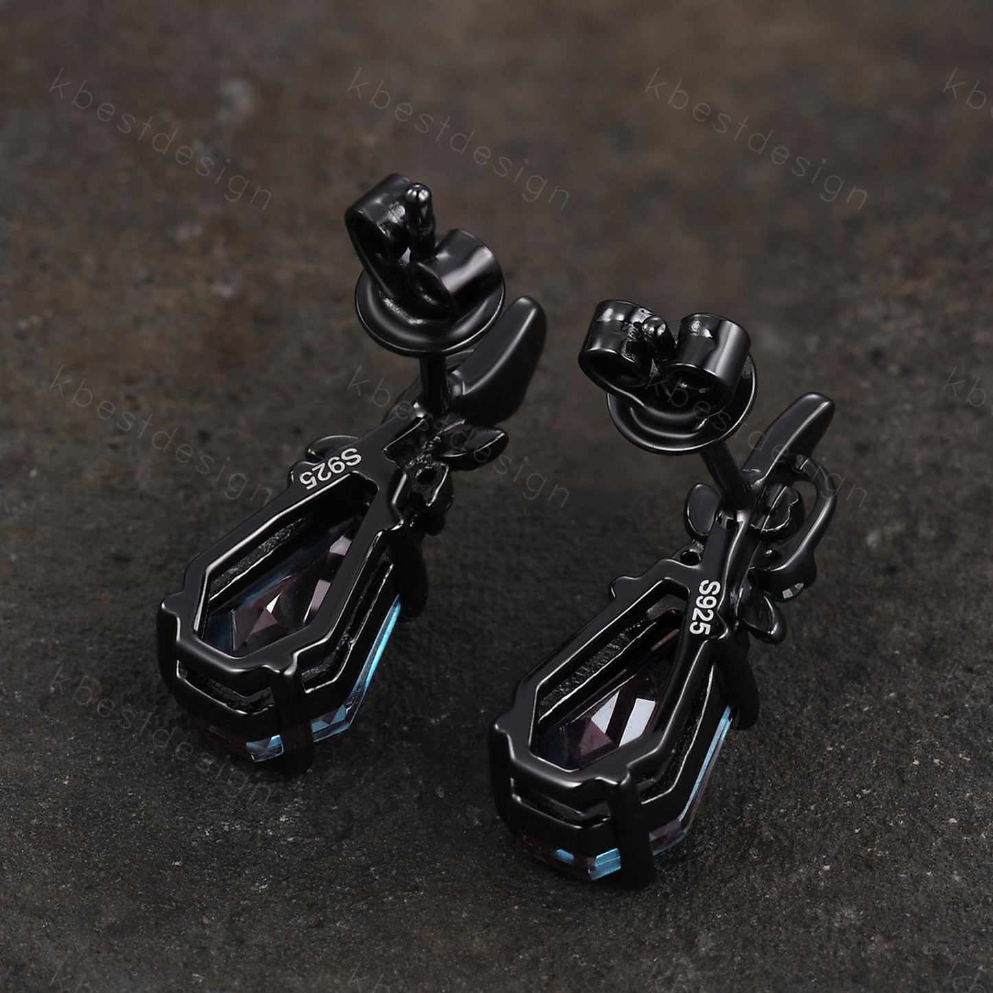 Nature inspired Alexandrite earrings women black gold earring studs coffin cut earrings art deco twig studs anniversary gift for her