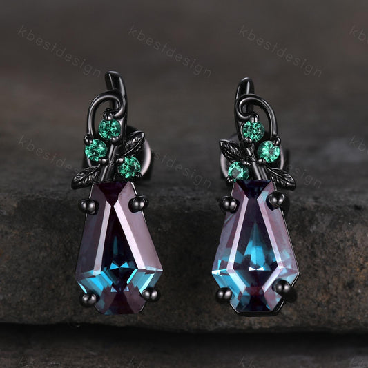 Nature inspired Alexandrite earrings women black gold earring studs coffin cut earrings art deco twig studs anniversary gift for her
