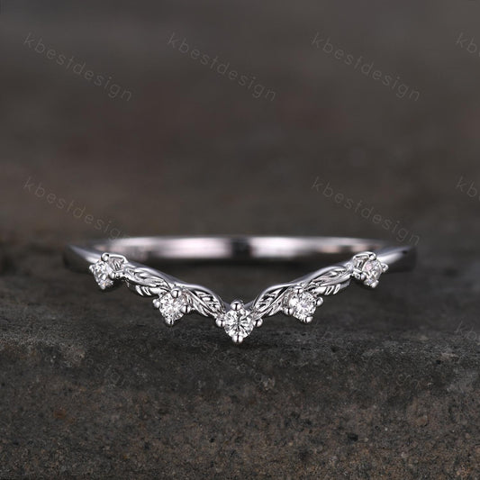 Unique Curved Moissanite Wedding Band Women Sterling Silver Ring Nature Leaf Style Stacking Matching Band Bridal Anniversary Ring