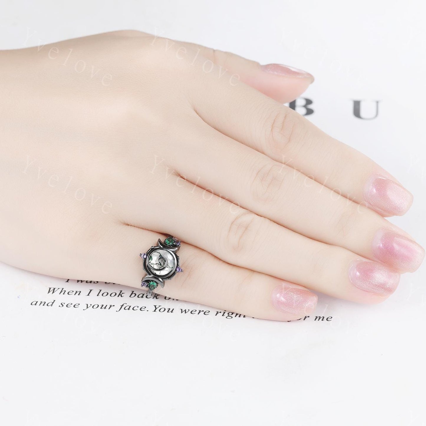 Gothic Round Cut Moss Agate Engagement Ring 14K Black Gold Nature Inspired Bridal Ring Promise Ring Emerald Amethyst Jewelry Gifts For Her