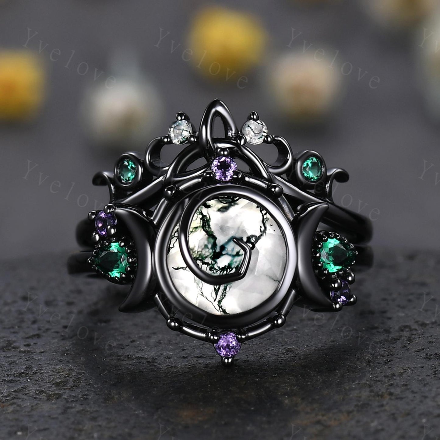 Gothic Round Moss Agate Engagement ring 14K Black Gold Nature Inspired Bridal Sets Promise Ring Green Gemstone Ring Jewelry gifts for her