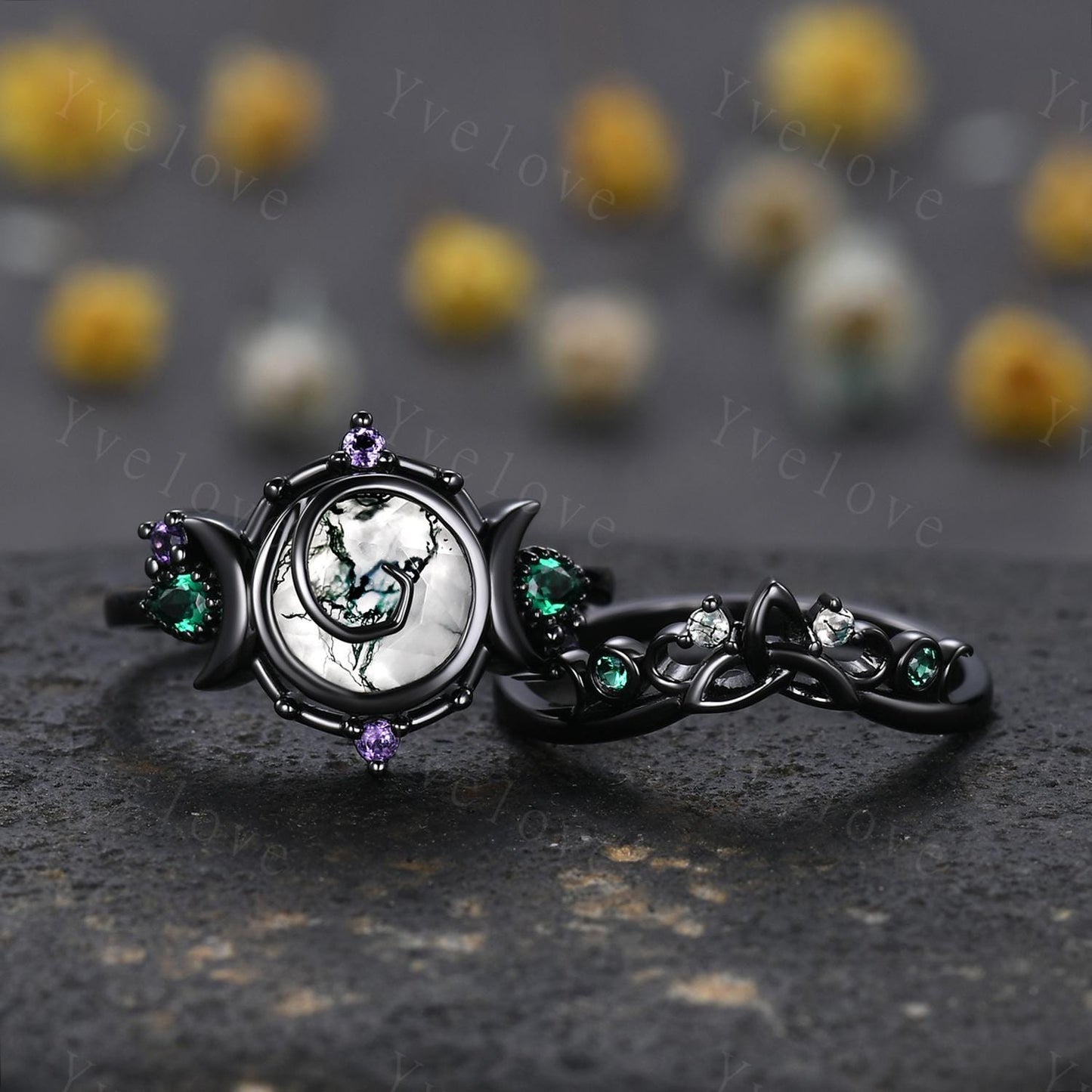 Gothic Round Moss Agate Engagement ring 14K Black Gold Nature Inspired Bridal Sets Promise Ring Green Gemstone Ring Jewelry gifts for her