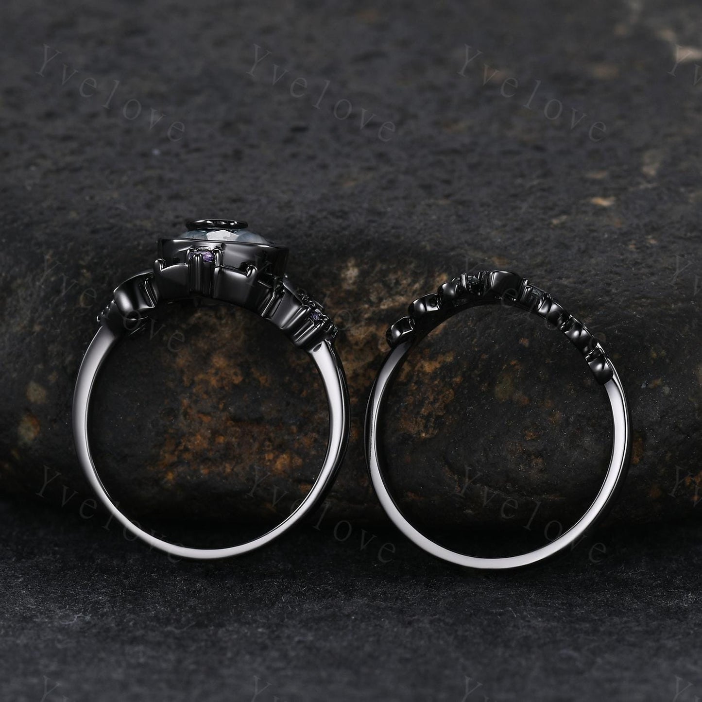 Gothic Round Moss Agate Engagement ring 14K Black Gold Nature Inspired Bridal Sets Promise Ring Green Gemstone Ring Jewelry gifts for her