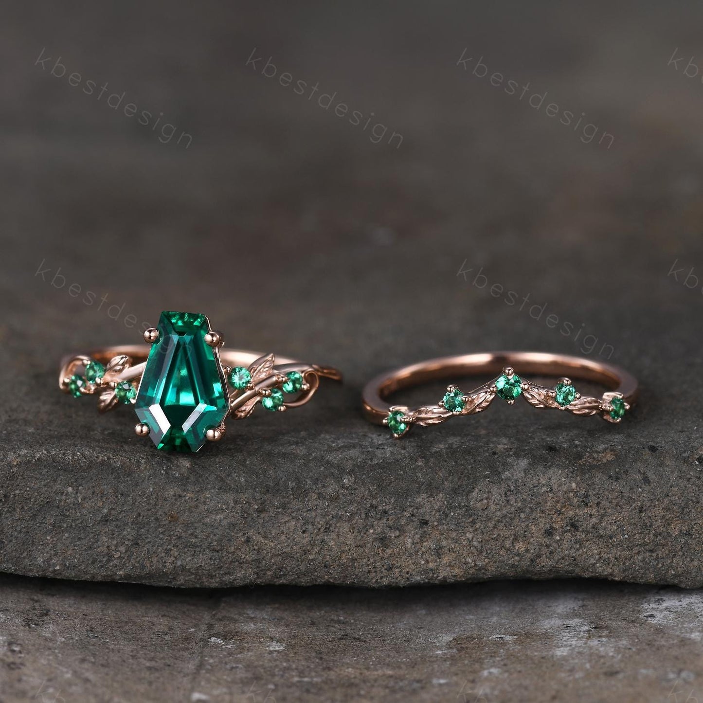 Vintage Coffin cut Emerald Engagement Ring Art Deco Branch Design Leaf Emerald Wedding Ring Rose Gold Ring Unique Bridal Promise Set