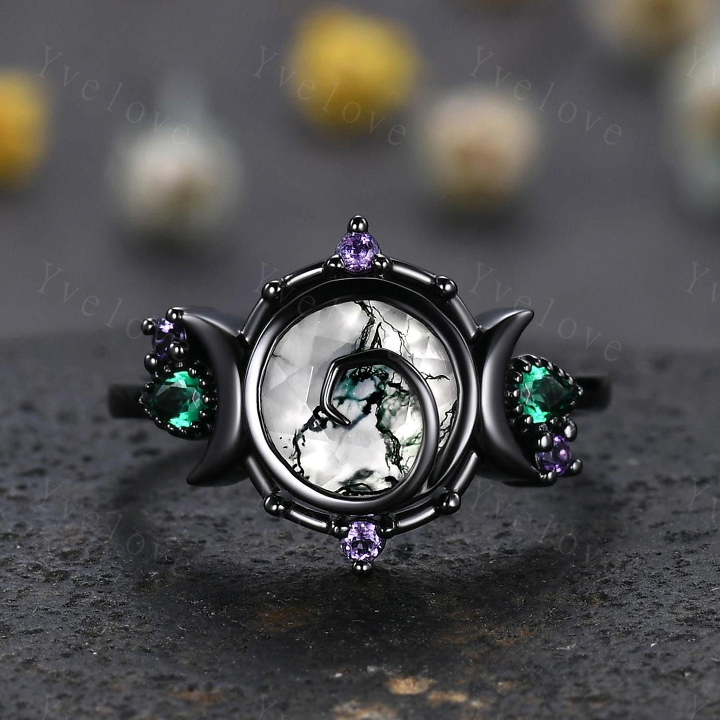 Gothic Round Cut Moss Agate Engagement Ring 14K Black Gold Nature Inspired Bridal Ring Promise Ring Emerald Amethyst Jewelry Gifts For Her