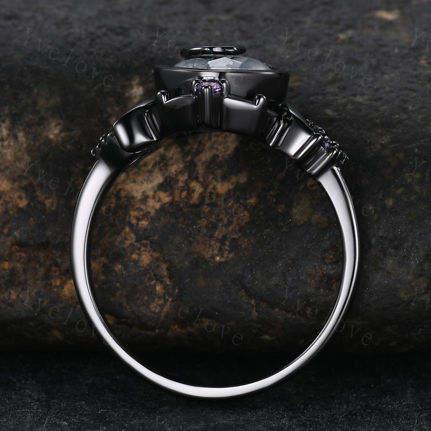 Gothic Round Cut Moss Agate Engagement Ring 14K Black Gold Nature Inspired Bridal Ring Promise Ring Emerald Amethyst Jewelry Gifts For Her