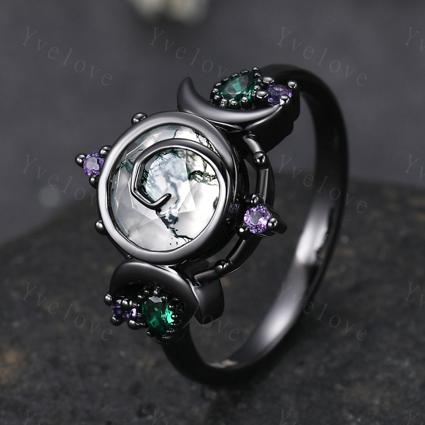 Gothic Round Cut Moss Agate Engagement Ring 14K Black Gold Nature Inspired Bridal Ring Promise Ring Emerald Amethyst Jewelry Gifts For Her