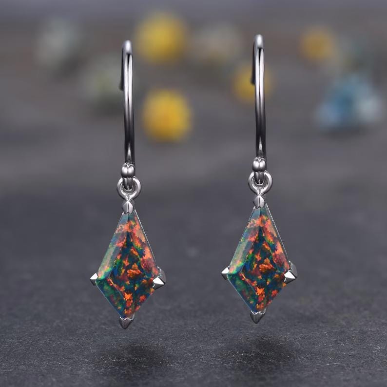 Vintage Kite cut black fire opal earrings opal gemstone jewelry unique earrings women art deco opal earring best friend gift Birthday Gift