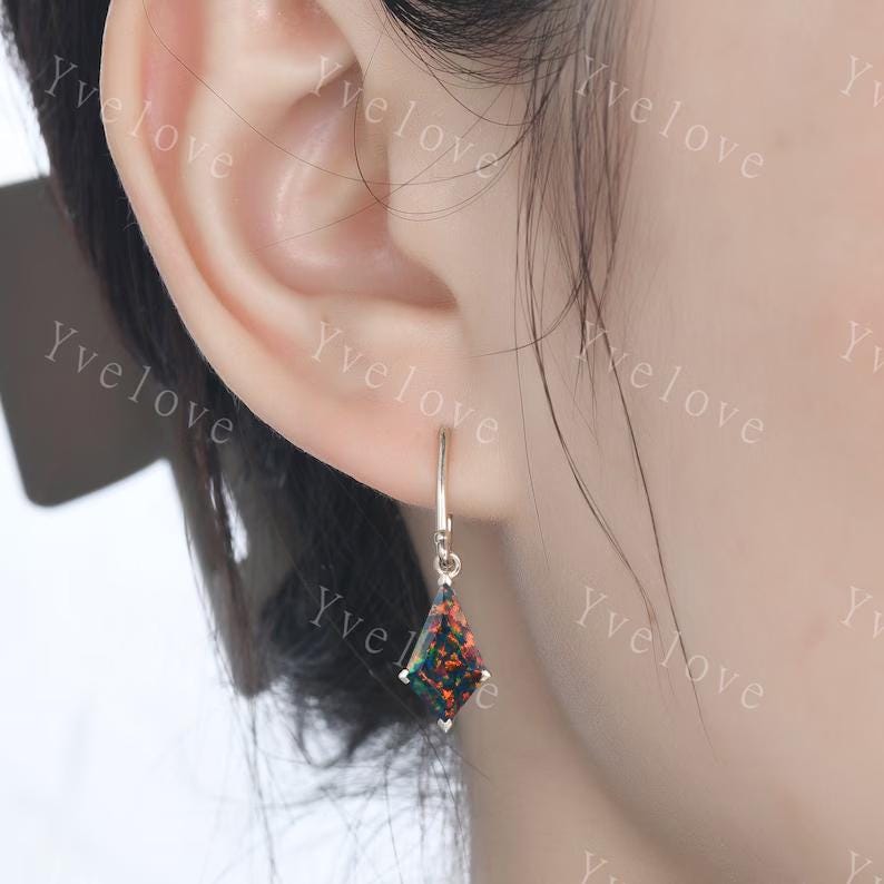 Vintage Kite cut black fire opal earrings opal gemstone jewelry unique earrings women art deco opal earring best friend gift Birthday Gift
