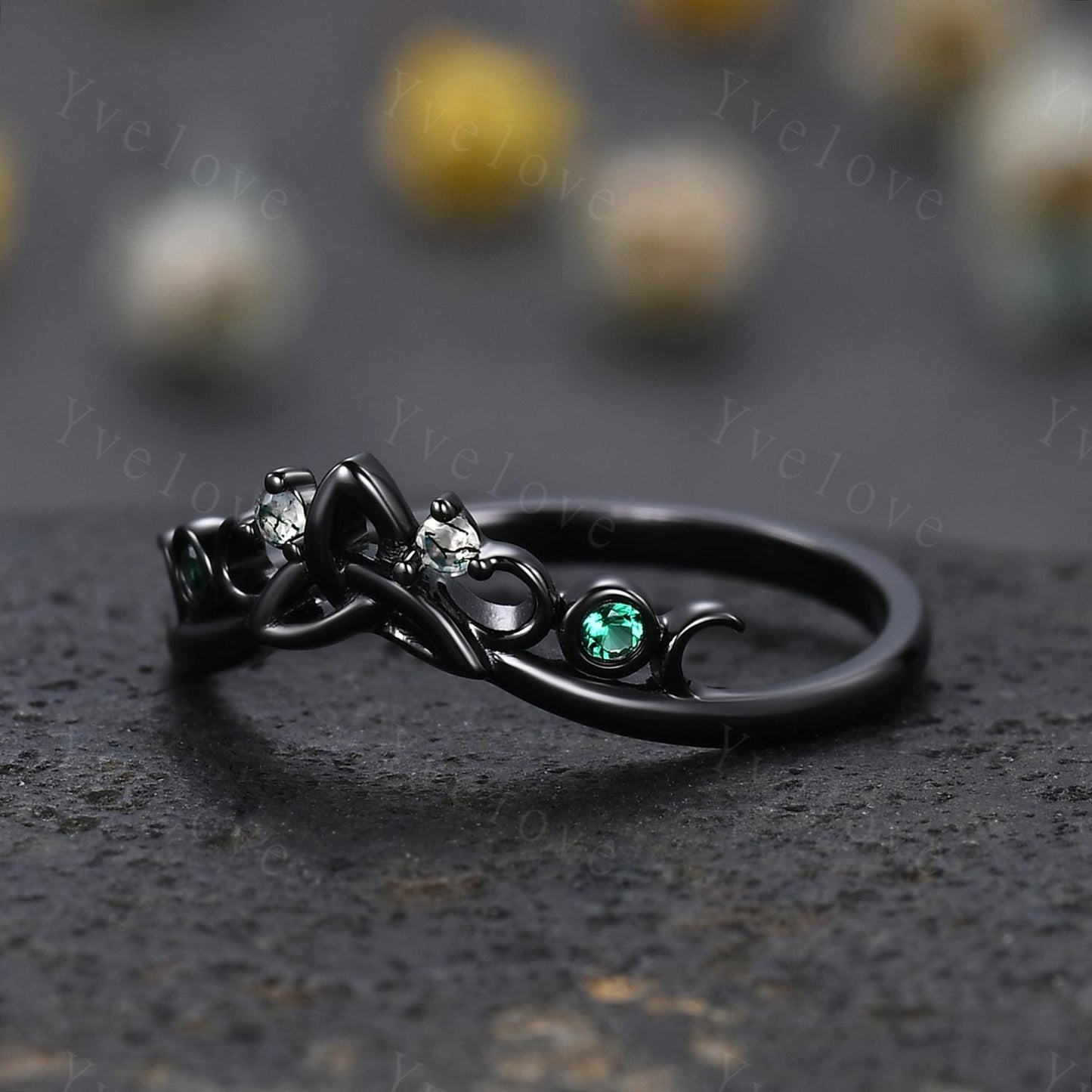 Celtic Knot Ring,Green Emerald Wedding band,Vintage Retro Black Gold Ring Moss Agate Jewelry Stacking Matching Band Bridal Ring Gift For Her