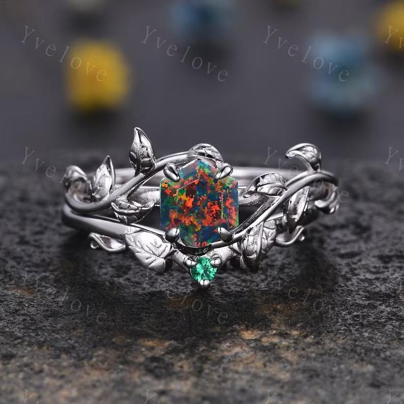 Hexagon Black Fire Opal Ring,Vintage Twig Vine Leaf Ring,Unique Black Opal Engagement Ring,Emerald Ring,Promise Anniversary Bridal Ring Gift