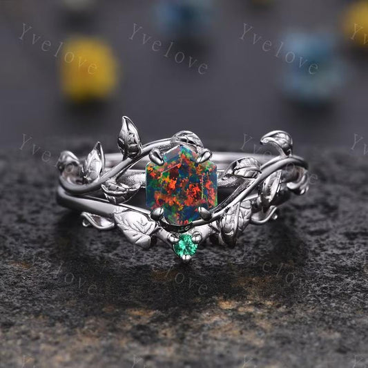 Hexagon Black Fire Opal Ring,Vintage Twig Vine Leaf Ring,Unique Black Opal Engagement Ring,Emerald Ring,Promise Anniversary Bridal Ring Gift