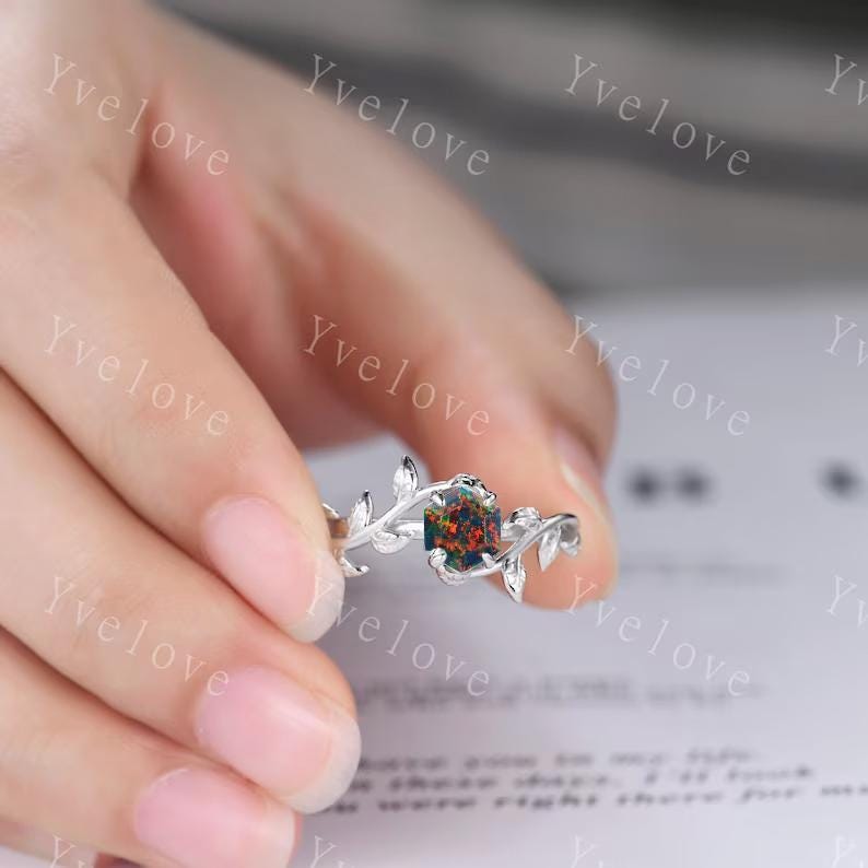 Hexagon Black Fire Opal Ring,Vintage Twig Vine Leaf Ring,Unique Black Opal Engagement Ring,Emerald Ring,Promise Anniversary Bridal Ring Gift