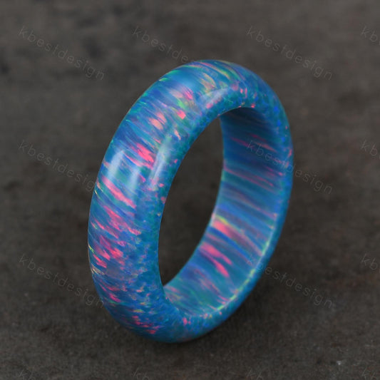 6mm teal blue opal wedding band unique eternity opal ring for women minimalist stacking blue opal band vintage engagement ring opal jewelry