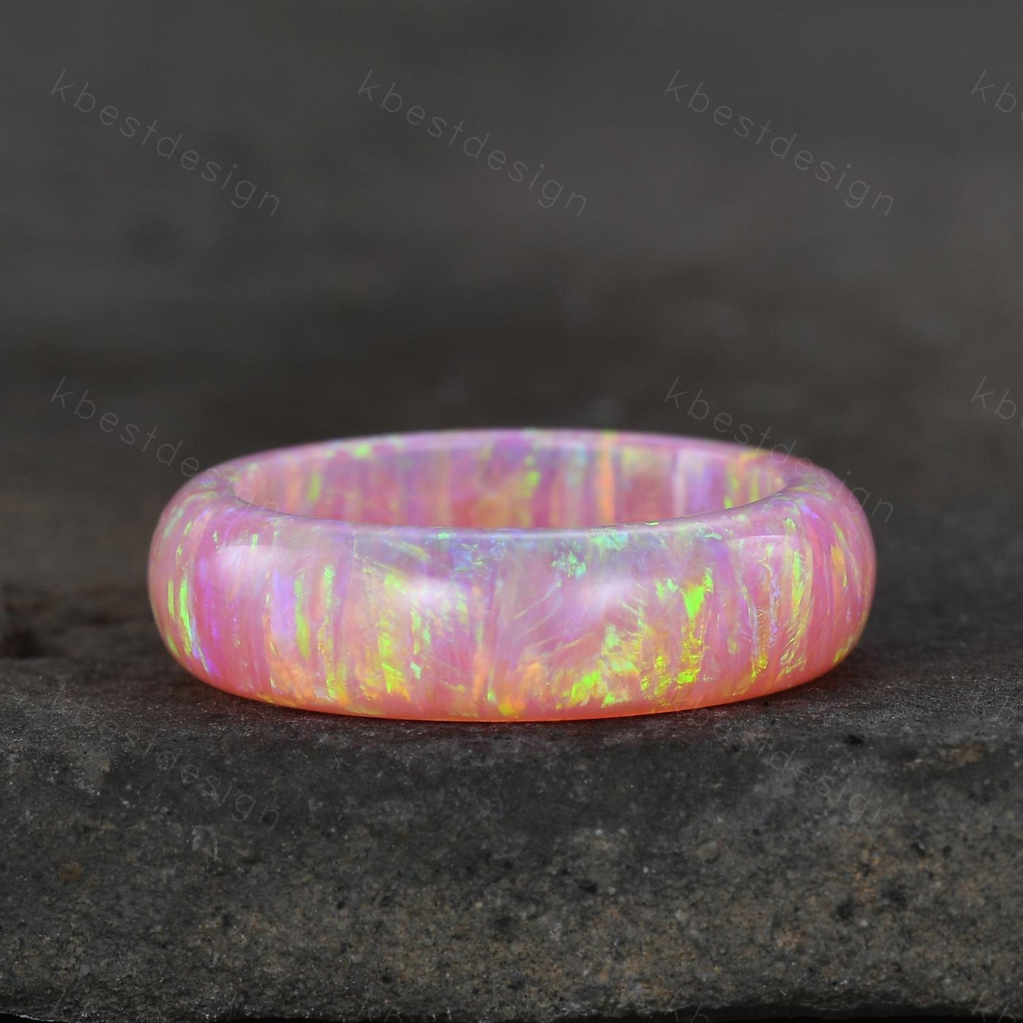 Unique 6mm pink fire opal wedding band comfort fit gemstone wedding band solitaire pink opal wedding ring band special gift for women