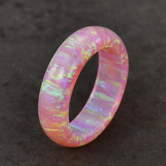 Unique 6mm pink fire opal wedding band comfort fit gemstone wedding band solitaire pink opal wedding ring band special gift for women