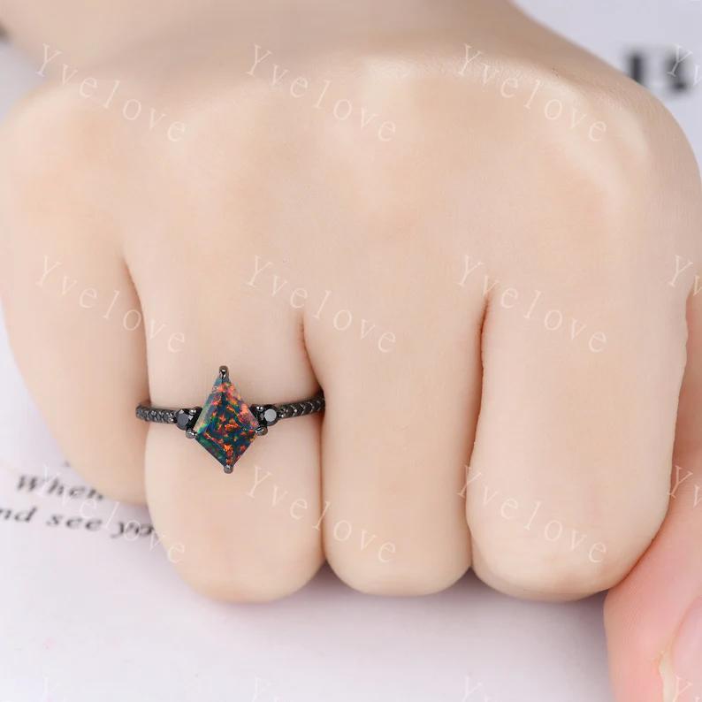 Retro Kite Black Fire Opal Engagement Ring,Vintage Opal Black Silver Ring Set,Unique Black Spinel Diamond Promise Ring Anniversary Gift