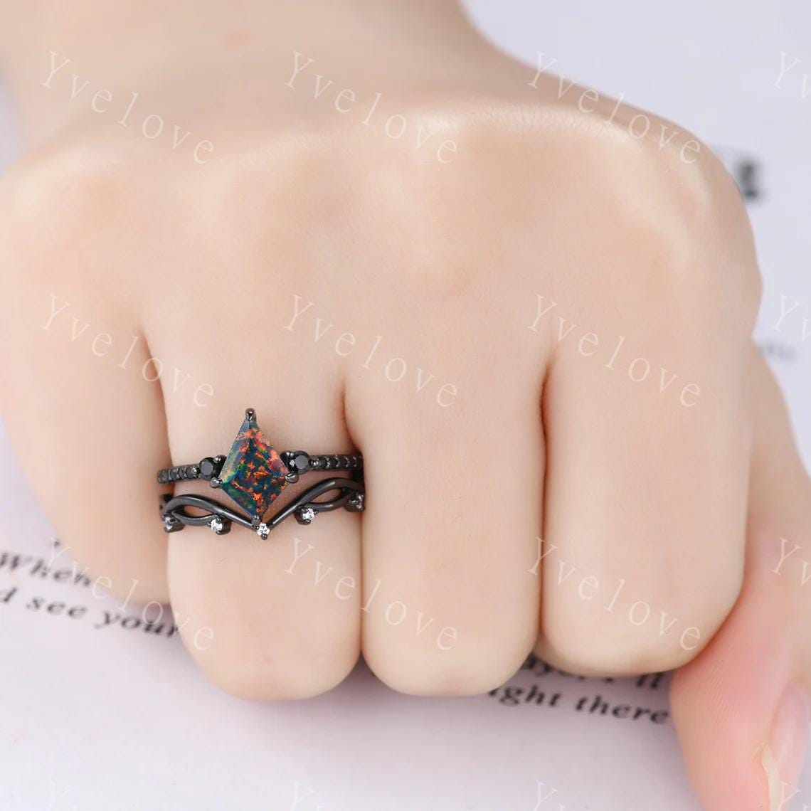 Retro Kite Black Fire Opal Engagement Ring,Vintage Opal Black Silver Ring Set,Unique Black Spinel Diamond Promise Ring Anniversary Gift