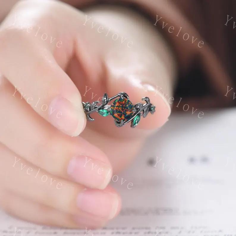 Vintage Round Black Fire Opal Engagement Ring,Black Gold,Leaf Peridot Amethyst Ring,Women Bridal Set,Unique Anniversary Gift Promise Ring