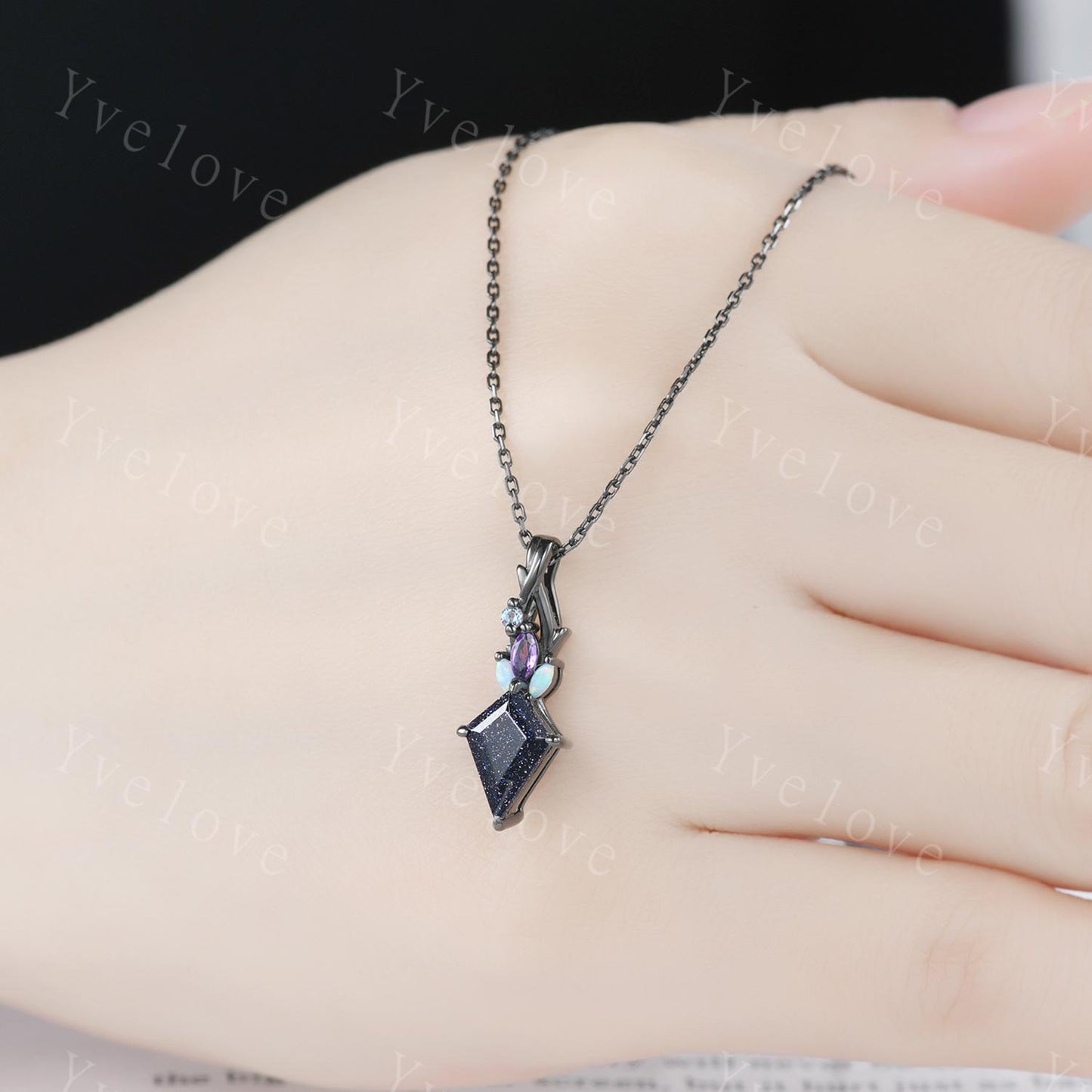 Vintage unique blue sandstone opal necklace solid 14k black gold Personalized pendant for women birthday gemstone anniversary bridal gift
