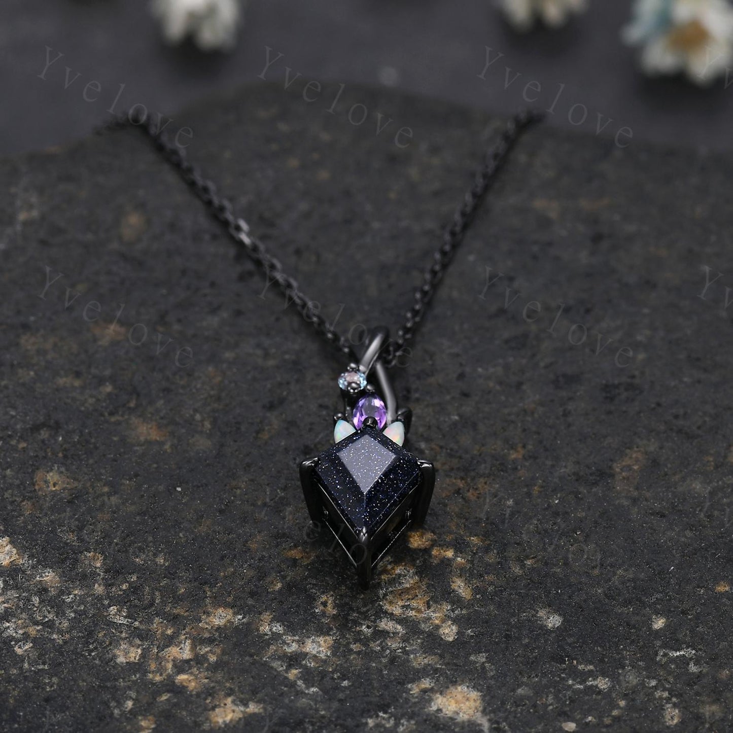 Vintage unique blue sandstone opal necklace solid 14k black gold Personalized pendant for women birthday gemstone anniversary bridal gift