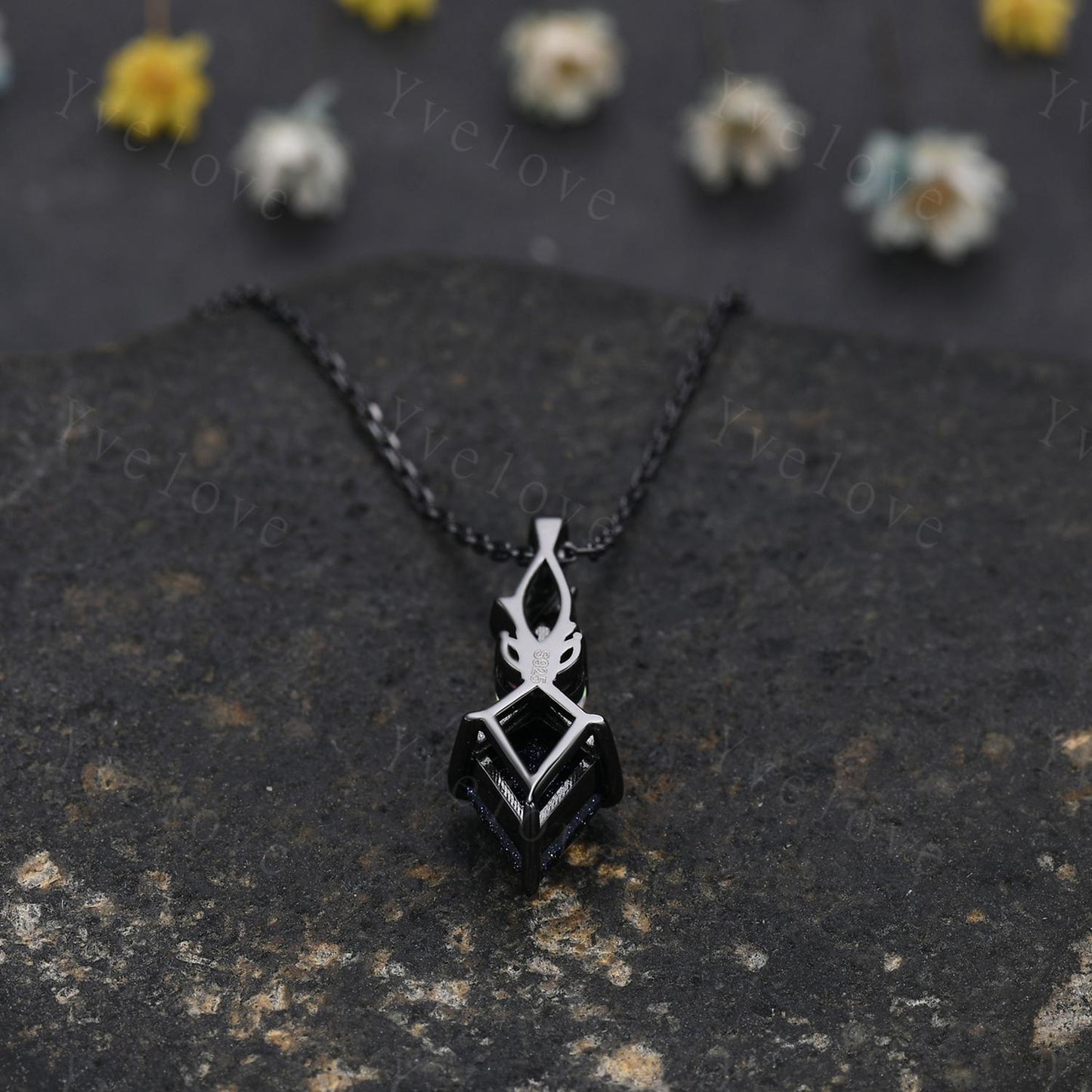 Vintage unique blue sandstone opal necklace solid 14k black gold Personalized pendant for women birthday gemstone anniversary bridal gift