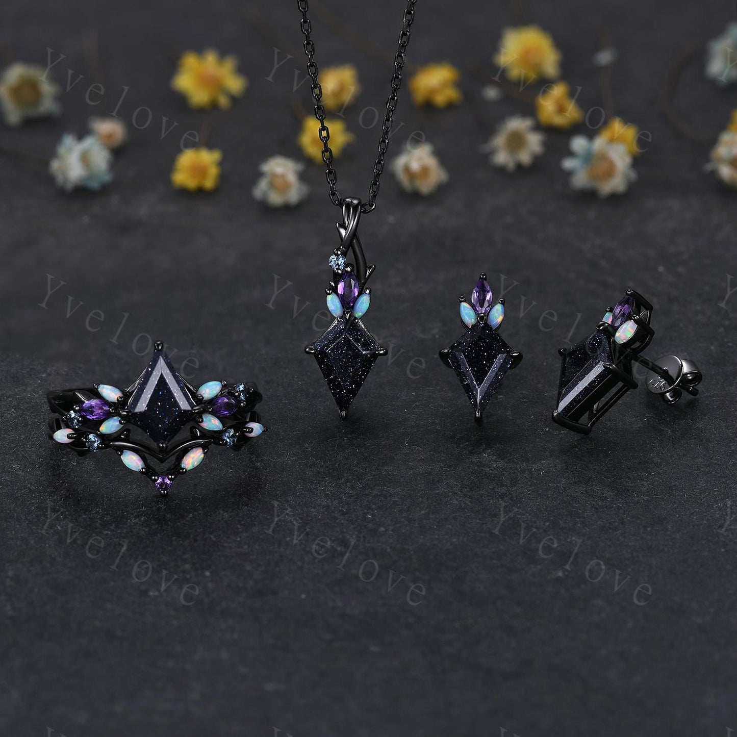 Vintage unique blue sandstone opal necklace solid 14k black gold Personalized pendant for women birthday gemstone anniversary bridal gift