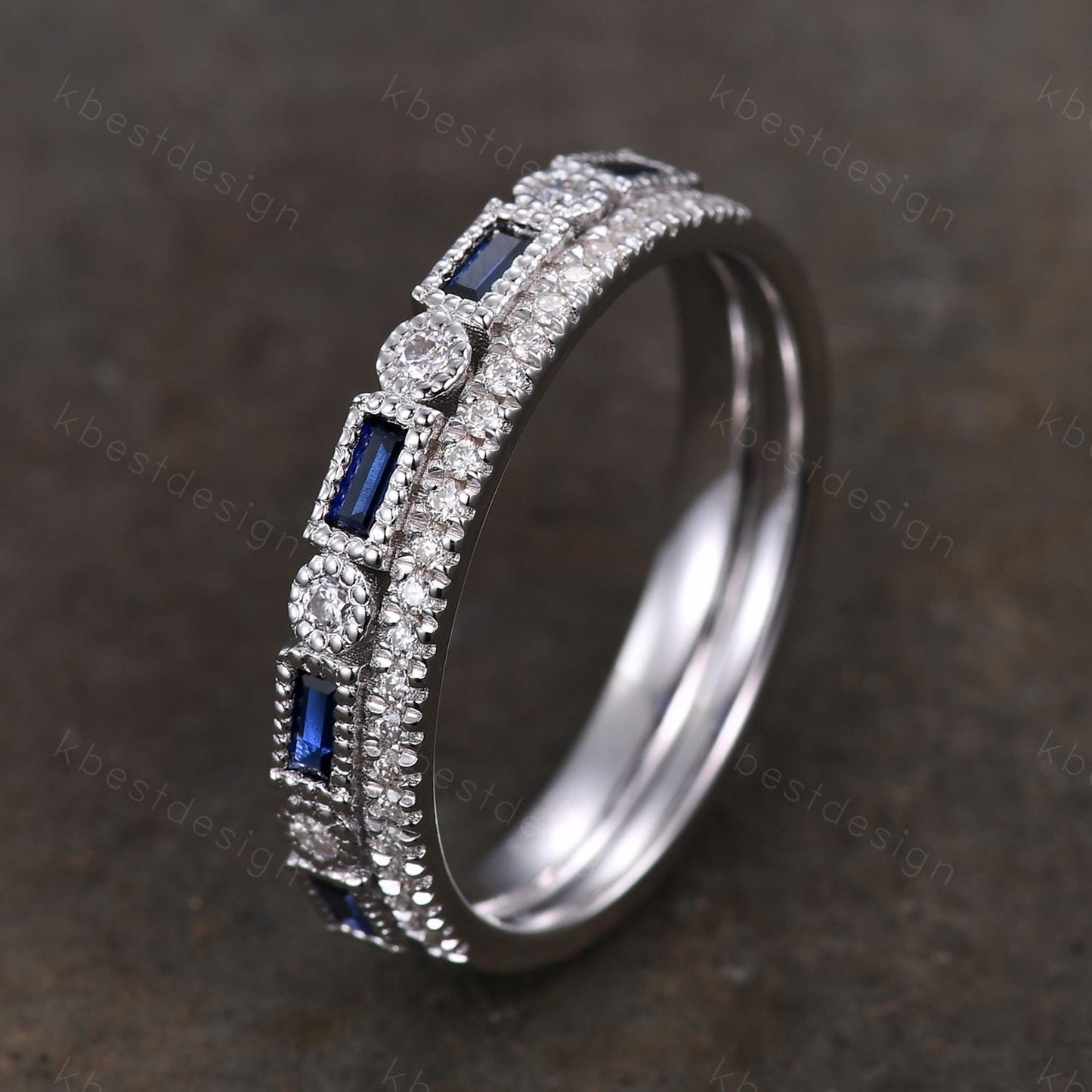 Vintage Blue Sapphire wedding band women Baguette cut Half eternity band White gold band Unique Moissanite Stacking bridal promise ring