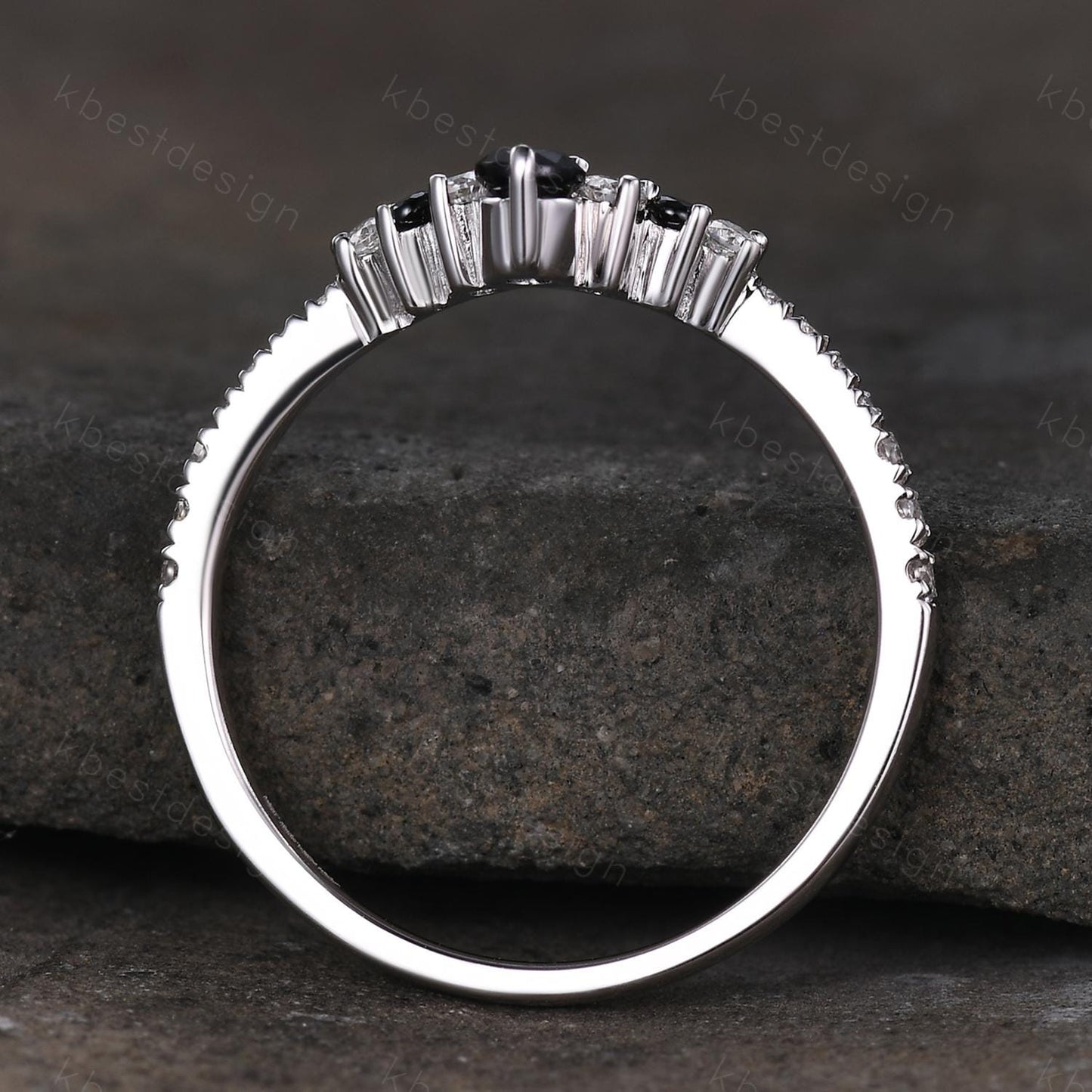 Curved black spinel wedding band dainty curved band for women half eternity moissanite stacking band bridal anniversary band gift