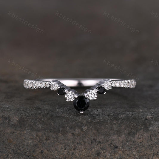 Curved black spinel wedding band dainty curved band for women half eternity moissanite stacking band bridal anniversary band gift