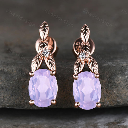 Oval cut lavender amethyst earrings women rose gold earring studs branch leaf earrings nature inspired studs anniversary gift for her