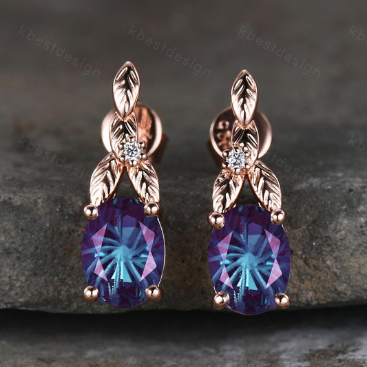 Fireworks alexandrite earrings women rose gold earring studs branch leaf earrings nature inspired studs June anniversary gift for her