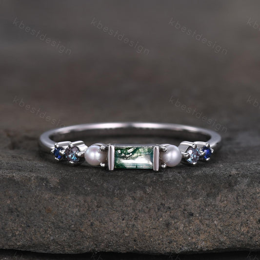 Baguette Moss Agate Ring,Alexandrite and Pearl Wedding Band,Unique Multi Gemstone Ring,Birthstone Jewelry,Gift For Mom,Personalized Gift