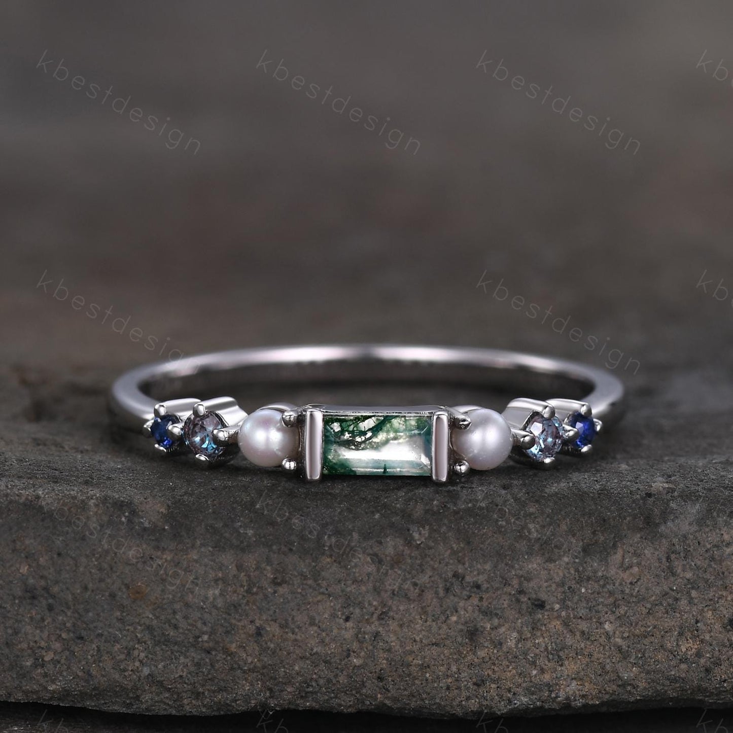 Baguette Moss Agate Ring,Alexandrite and Pearl Wedding Band,Unique Multi Gemstone Ring,Birthstone Jewelry,Gift For Mom,Personalized Gift
