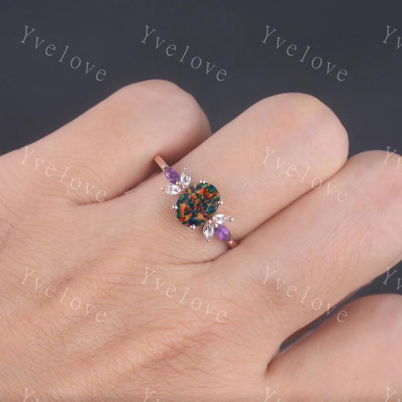 Vintage Black Fire Opal Engagement Ring Set Rose Gold Women Moissanite Amethyst Gem Matching Band Promise Bridal Stacking Ring Gift for her