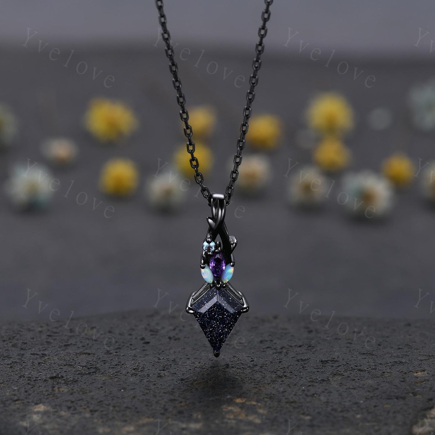 Vintage unique blue sandstone opal necklace solid 14k black gold Personalized pendant for women birthday gemstone anniversary bridal gift