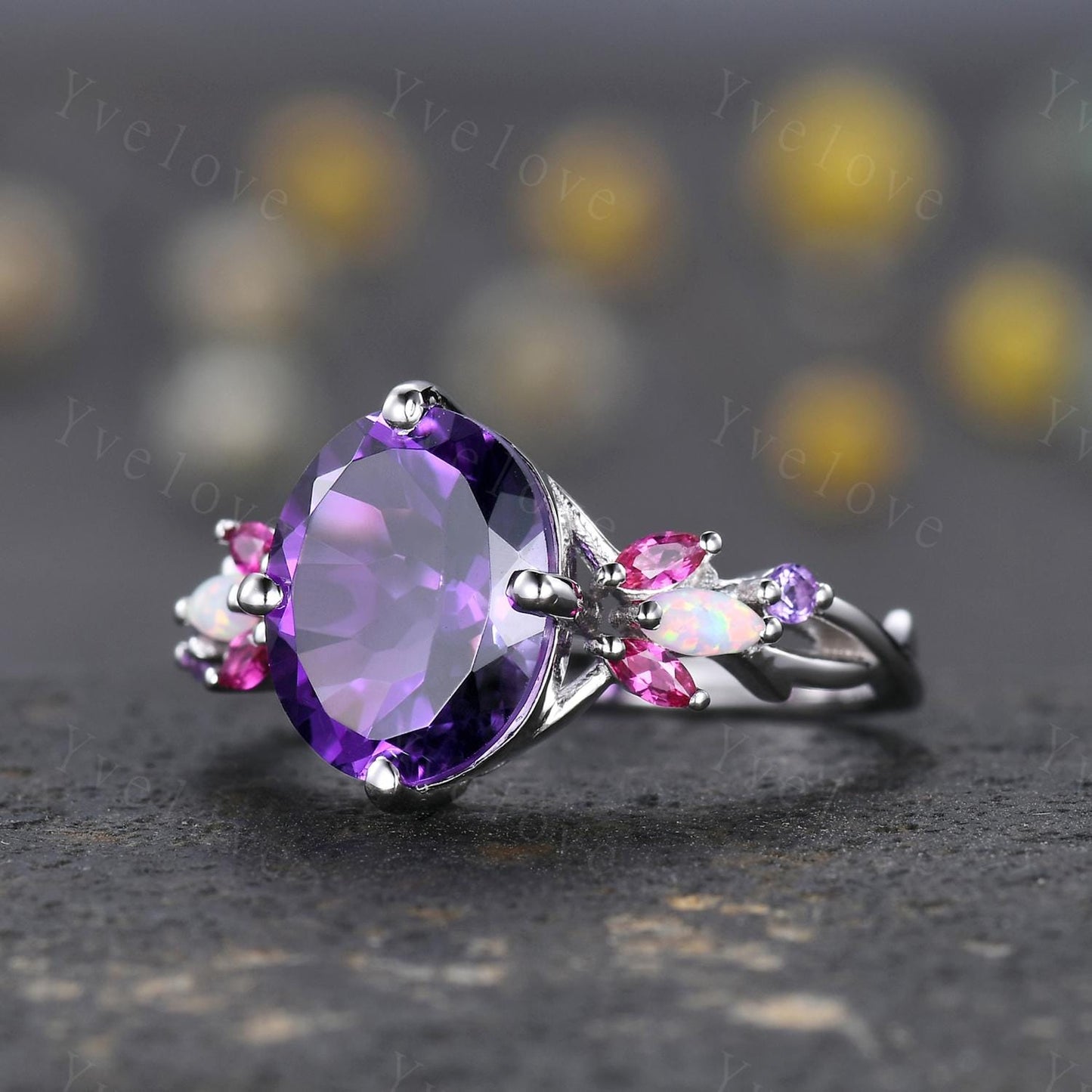 9x11mm Oval Amethyst Engagement Ring,14K White Gold,Vintage Vines Red Ruby Opal Ring,Women Bridal Ring,Unique Twig Anniversary Promise Gift
