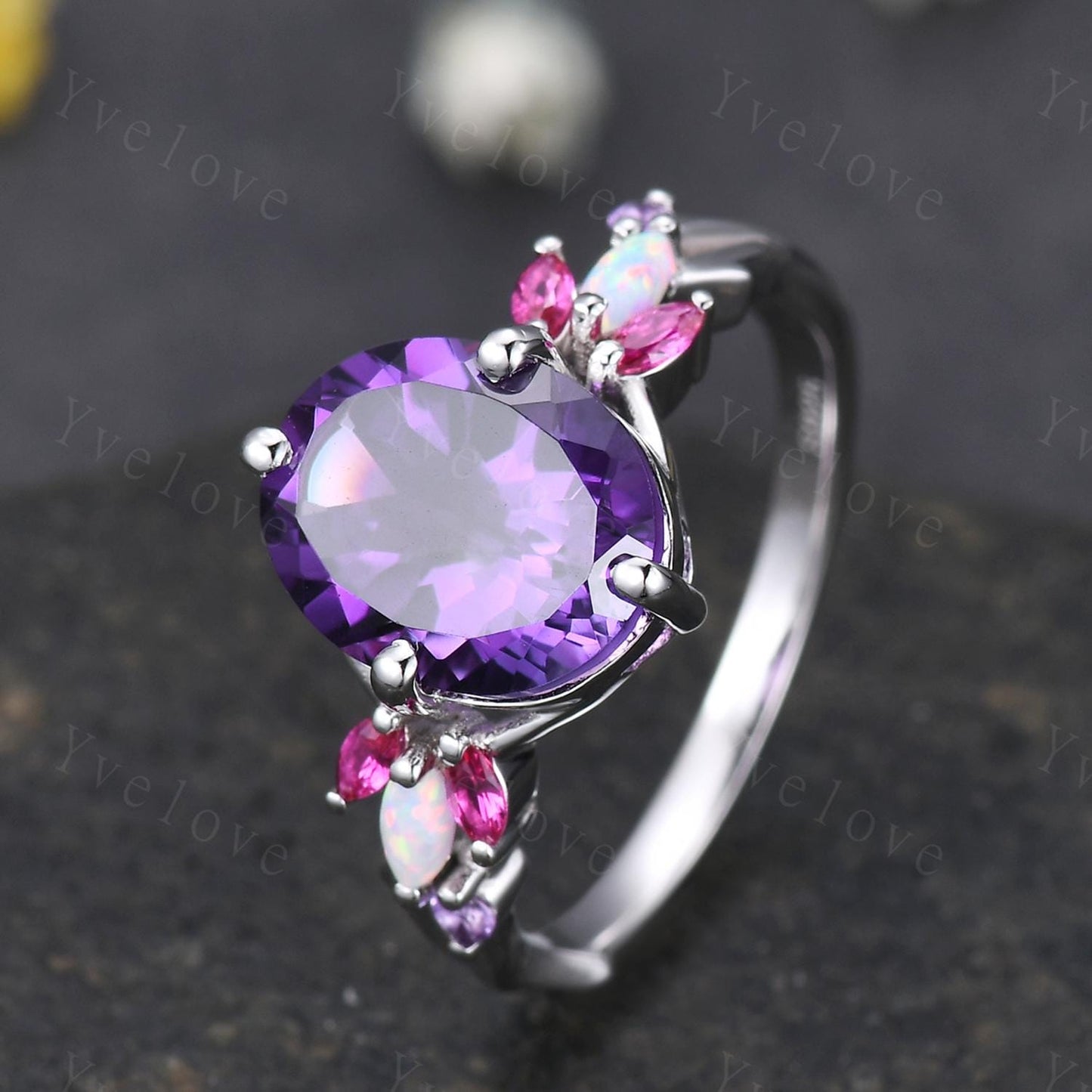 9x11mm Oval Amethyst Engagement Ring,14K White Gold,Vintage Vines Red Ruby Opal Ring,Women Bridal Ring,Unique Twig Anniversary Promise Gift