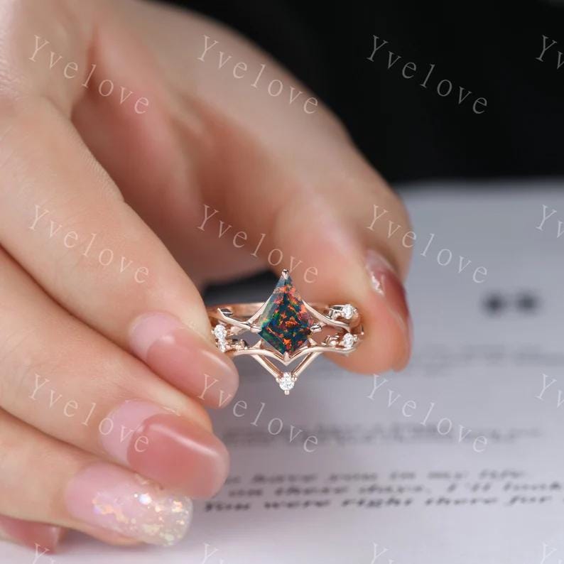 Unique Kite Cut Black Fire Opal Engagement Ring,Vintage Twig Moissanite Ring,Branch Ring,Rose Gold Ring Promise Ring Bridal Set For Women