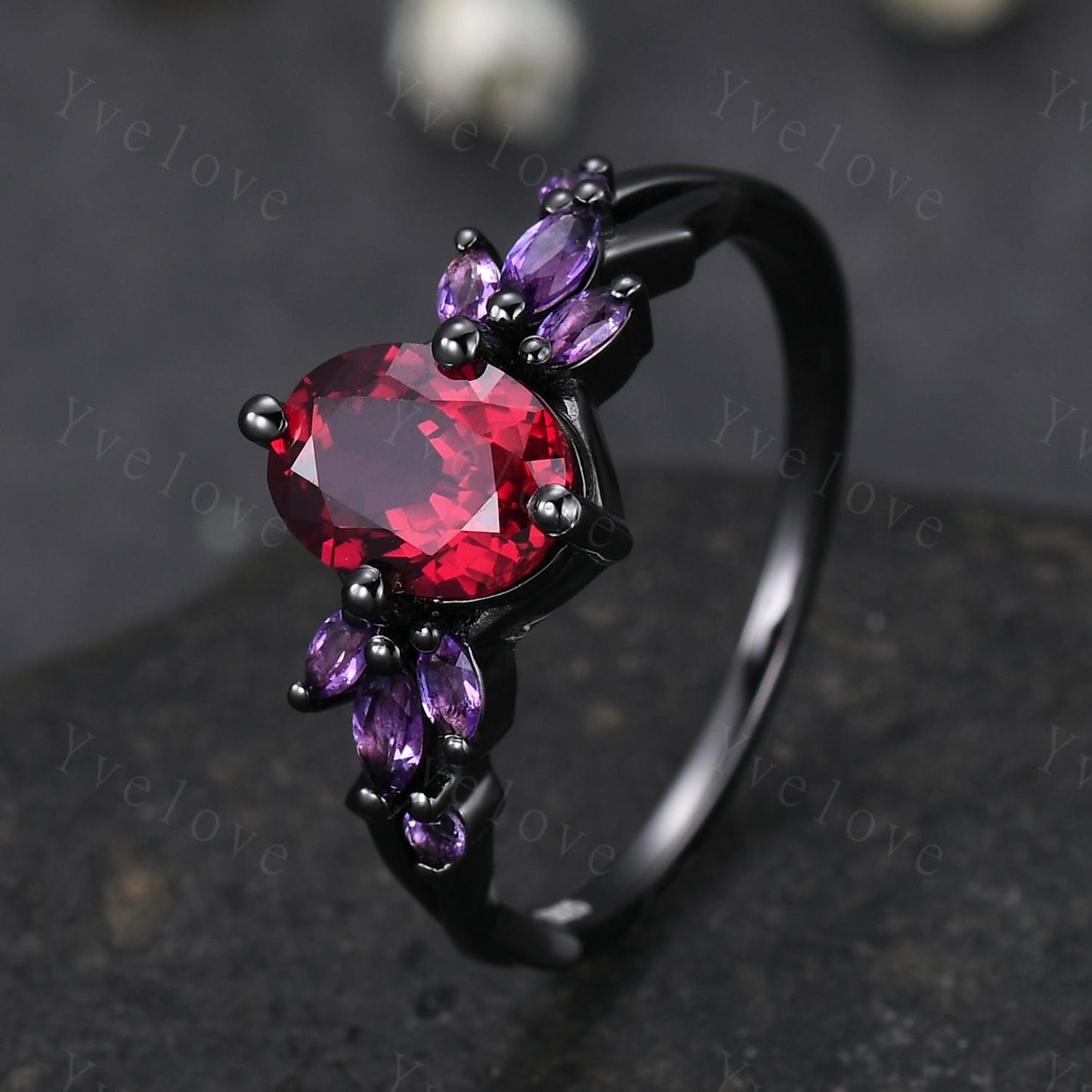 6x8mm Oval Red Garnet Engagement Ring,14K Black Gold,Vintage Vines Amethyst Ring,Women Bridal Ring,Unique Twig Anniversary Promise Gift