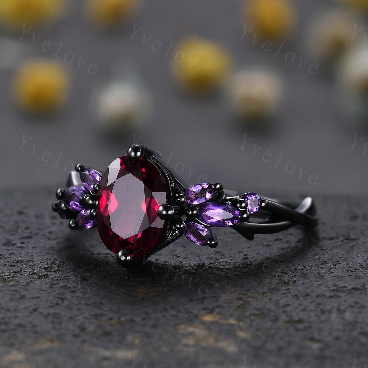 6x8mm Oval Red Garnet Engagement Ring,14K Black Gold,Vintage Vines Amethyst Ring,Women Bridal Ring,Unique Twig Anniversary Promise Gift
