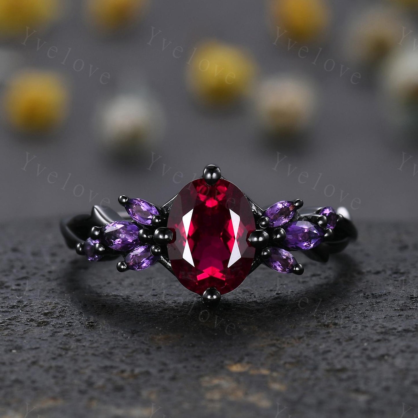 6x8mm Oval Red Garnet Engagement Ring,14K Black Gold,Vintage Vines Amethyst Ring,Women Bridal Ring,Unique Twig Anniversary Promise Gift