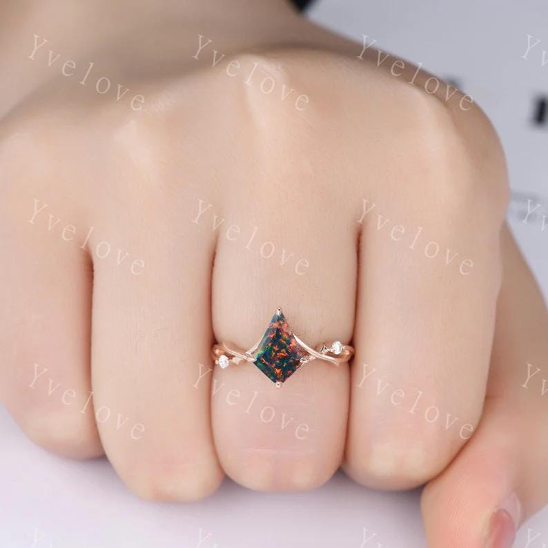 Unique Kite Cut Black Fire Opal Engagement Ring,Vintage Twig Moissanite Ring,Branch Ring,Rose Gold Ring Promise Ring Bridal Set For Women