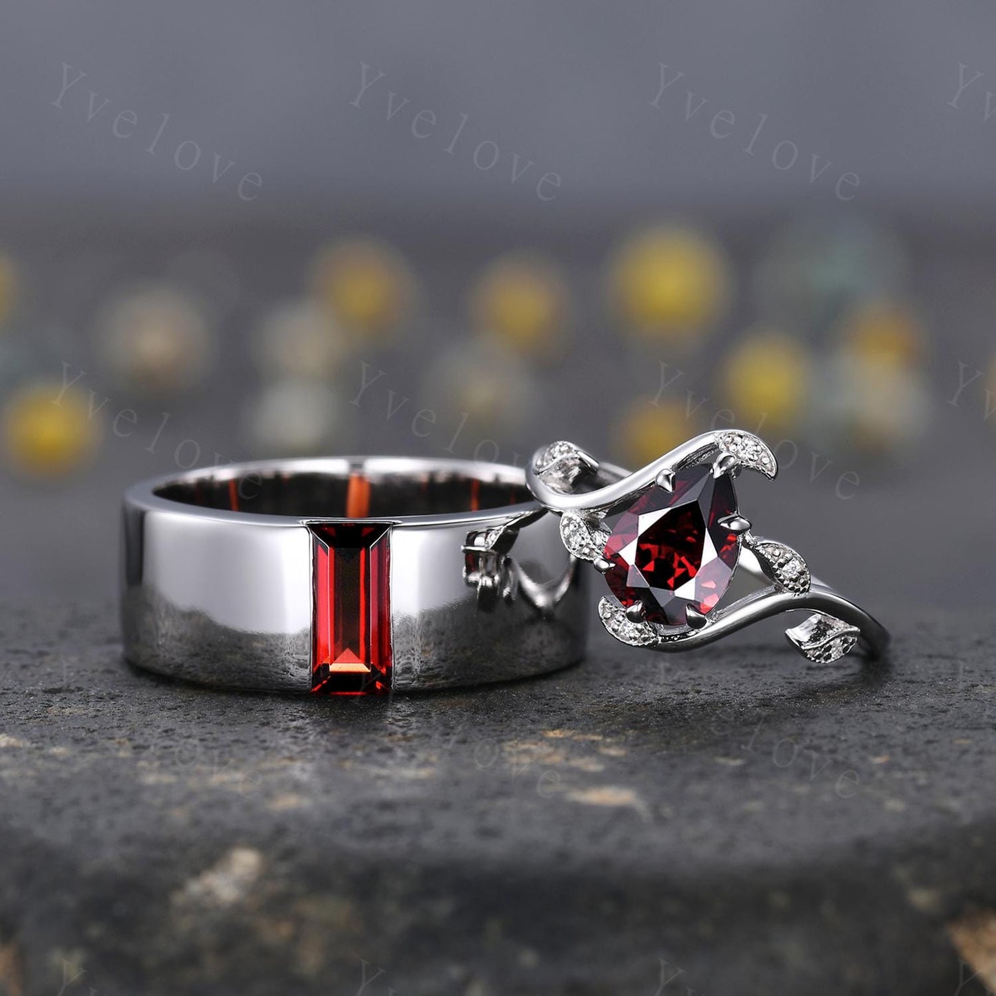 Vintage Red Garnet Couple Rings His and Hers Wedding Band Nature Inspired Garnet Couple Ring Set Sterling Silver Bridal Ring Promise Gift