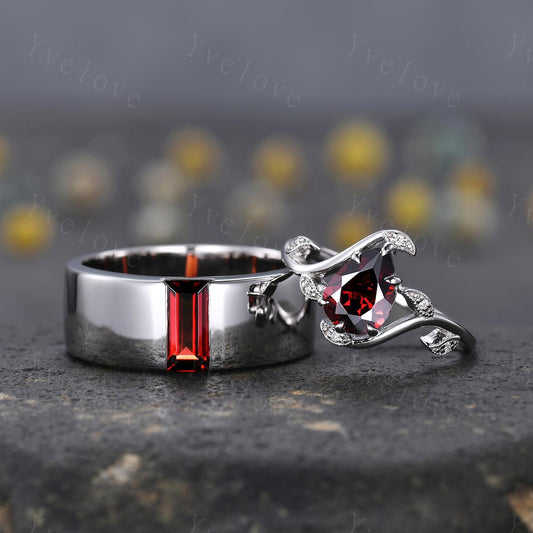 Vintage Red Garnet Couple Rings His and Hers Wedding Band Nature Inspired Garnet Couple Ring Set Sterling Silver Bridal Ring Promise Gift